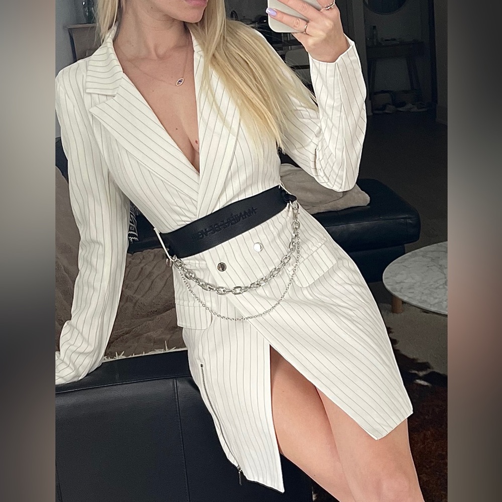 White Business Casual Dress with a Belt